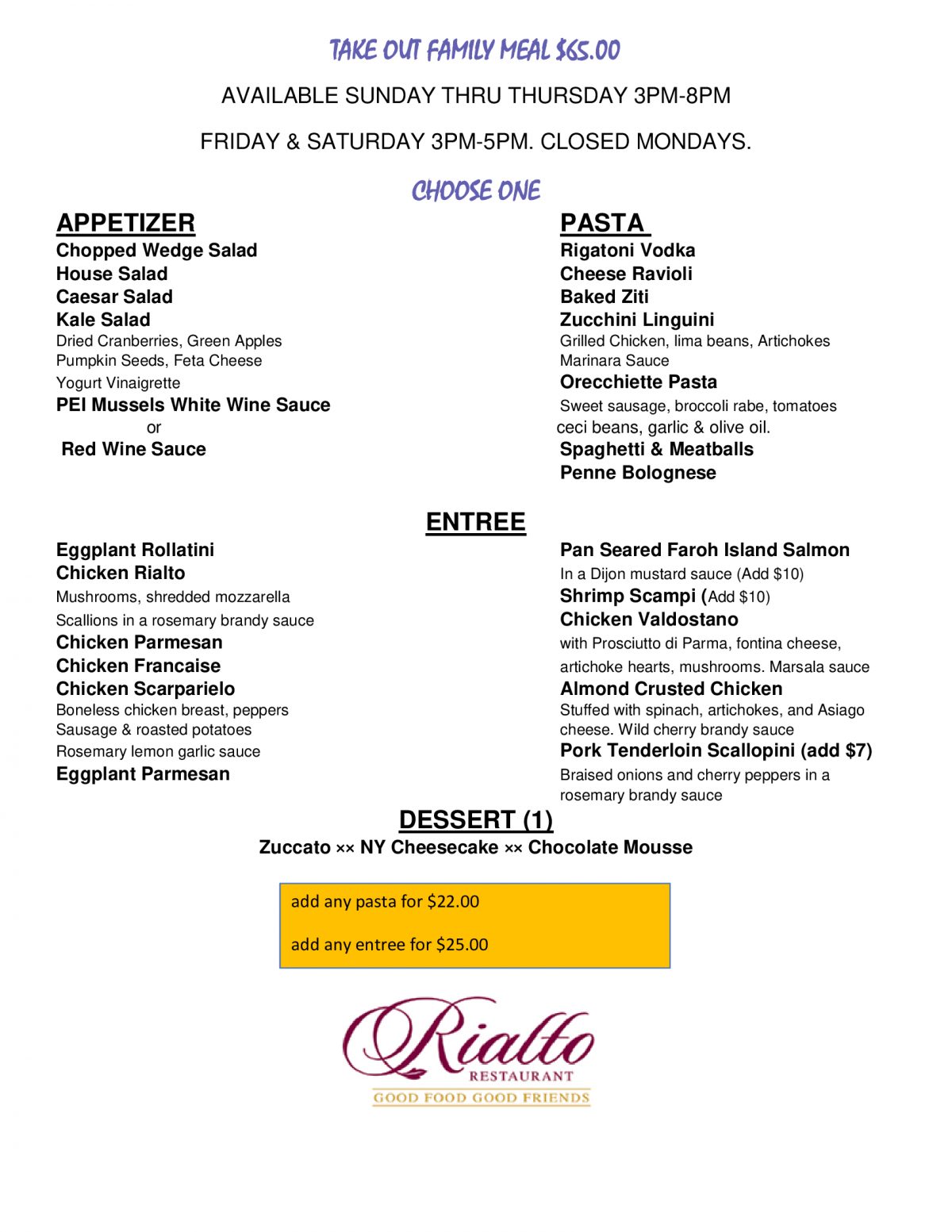 Family Meal Deal Rialto Restaurant
